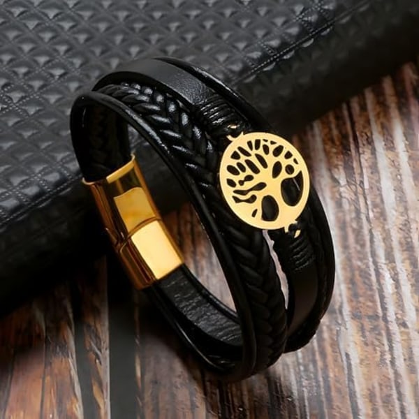 Livets Træ Læderarmbånd til Mænd, Multi-Layer Flettet Religiøse Boho Damearmbånd med Rustfrit Stål Lås