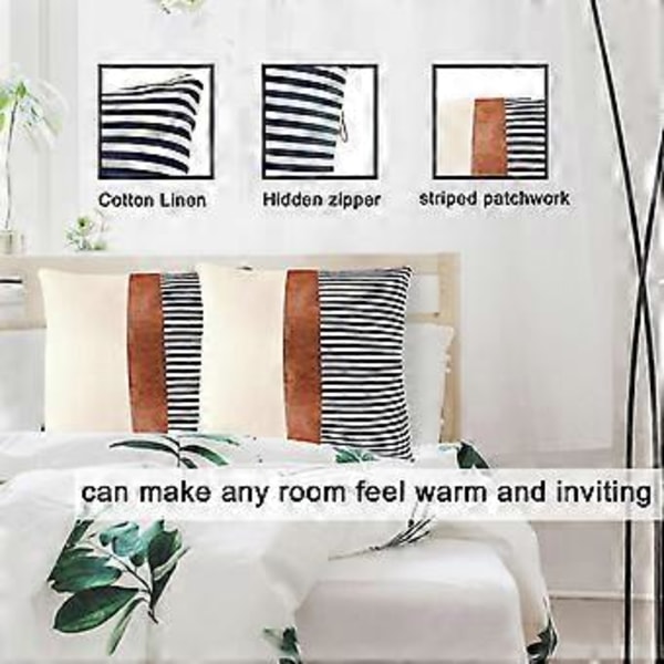 Bondkuddar med lantlig stil, 18x18 tum, 2-pack Dekorativa kuddfodral för säng, Bondkuddar för soffa, Faux läder Boho kuddfodral, TIMDAM