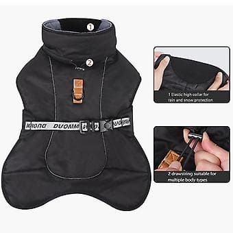 Vinterjacka för hundar utomhus, vindtät krage, bomullsinnerfoder, för medelstora och stora hundar (2XL Svart)