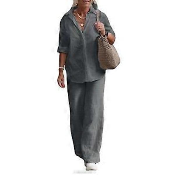1 Set Trendiga Dam Casual Skjorta Byxor Kläder Plus Size Bomull Linne Topp Vida Ben Byxor Lös Outfit Pendling (4XL grå)