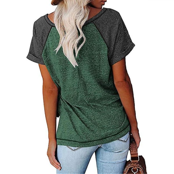 Women Summer Colorblock V-neck Short Sleeve T-shirt Green Green S