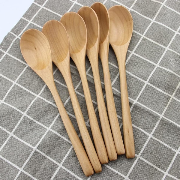 Träskedar för matlagning, 6 stycken japanska naturliga ellipsformade träskedar set för matlagning, blandning, omrörning av honung, te, läsk