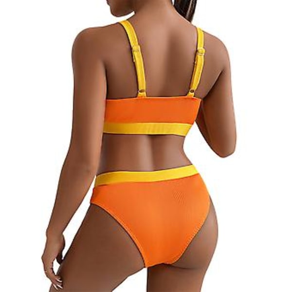 Damernas Baddräkt Sommar Färgblock Ribbad Bikini Vadderad Baddräkt Strandkläder Baddräkt (XL Orange)