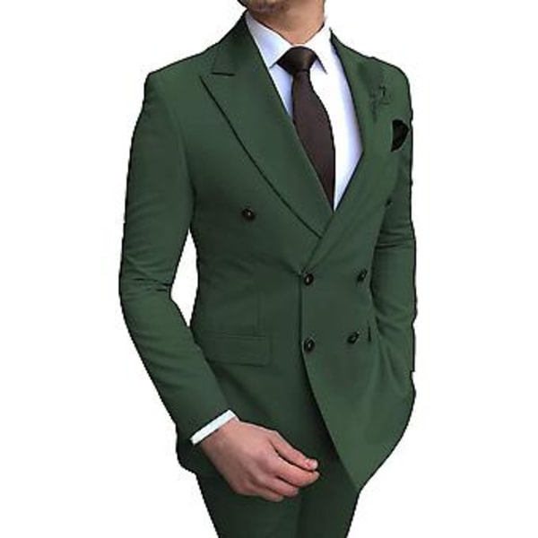 Herrar Dubbelknäppt Blazer Kostym 2 Delar Slim Fit Bröllop Brudgum Tuxedo Peak Lapel Formell Bal Kostymer (En Storlek Teal)