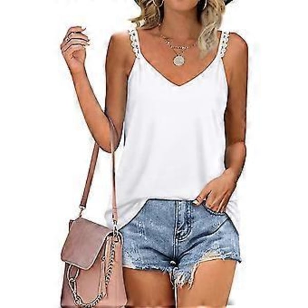 Dame Sommer T-shirt V-hals Cami Toppe T-shirt Flere Størrelser Tilgængelige Multi-farve Valgfri (XL Hvid)