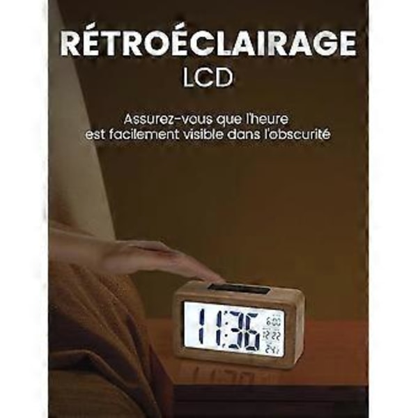 Digital väckarklocka i trä, LCD-väckarklocka tyst digital klocka med datum, temperaturvisning, snooze-funktion, batteridriven digital klocka