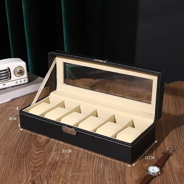 Klocklåda för män, 6 fack klockdisplayfodral Organizer smyckesförvaring