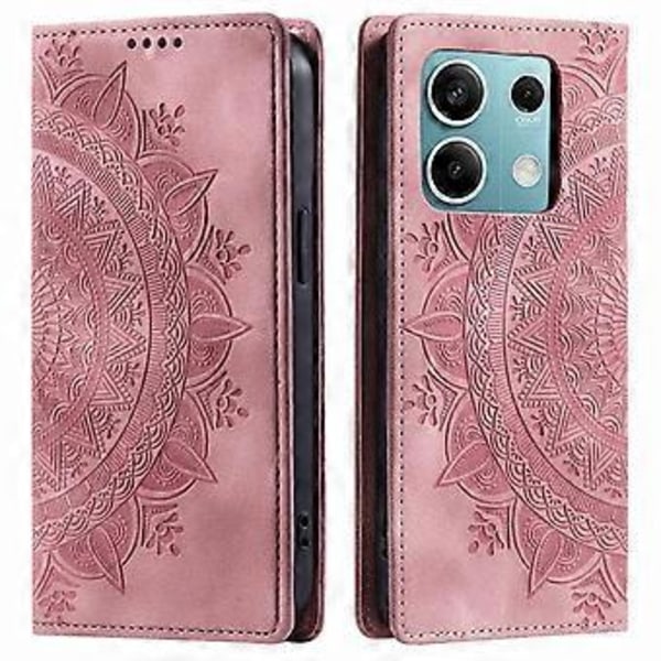 For Xiaomi Redmi Note 13 5G Lærveske med Mandala-trykk Lommebok Telefondeksel (Rose Gull)