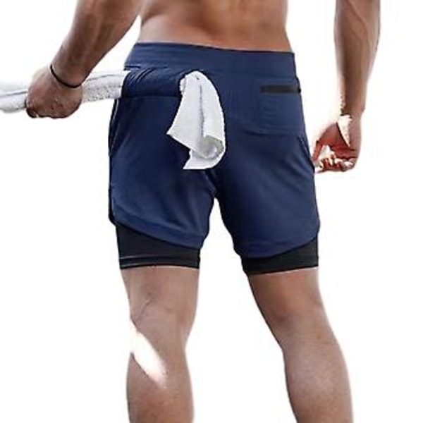 Herreløpeshorts Casual Utendørs Løse Multi-lomme Dobbeltlags Treningsshorts for Trening (2XL 858 Mørk Blå)