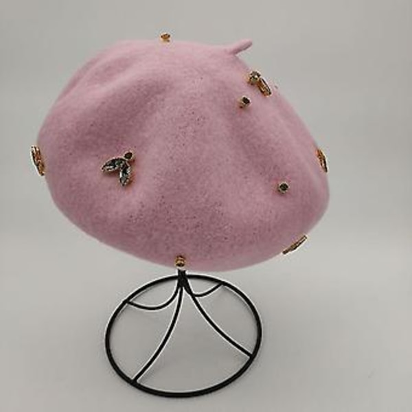 Visrover Vinter Ull Beret Med Krystall Bie Kvinne Ull Caps Vinter Høst Vår Hatt Solid Farge Topp Kvalitet Kvinner Boina (lys rosa)