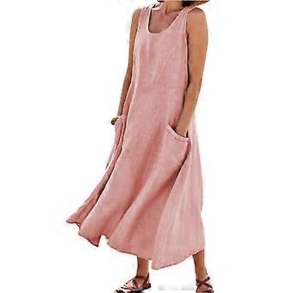 Ærmeløs bomuldslinnedkjole til kvinder med lommer, boheme-stil, strandtanktopkjole (3XL Pink)