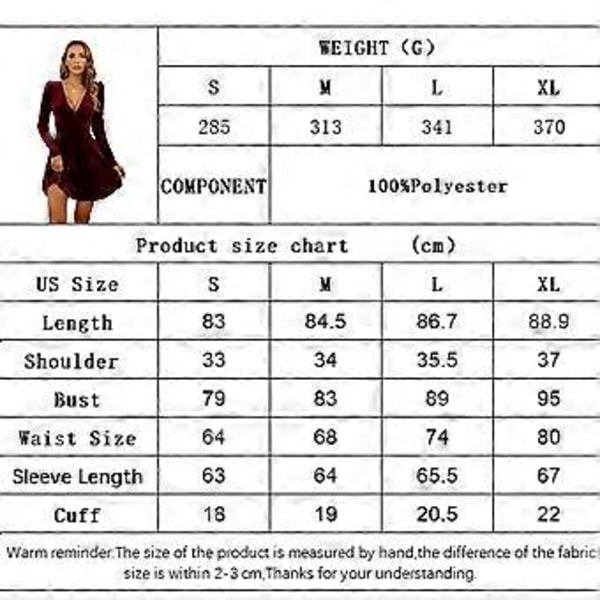 Dame Wrap V-hals Langærmet Fløjl A-linje Fest Swing Fit and Flare Skater Mini Kjole - claret (style17)