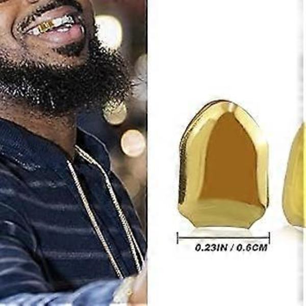 2 stycken 14K förgyllda munntänder, släta tänder, övre tand enkel grillkåpa för tänder mun, festtillbehör tandgrillar (Färg: Guld)