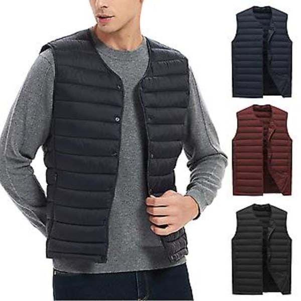 Herrar Vinterväst Enfärgad Vadderad Ärmlös Singelknäppt Cardigan Varm V-ringad Vindtät Vinterväst för Resa (2XL Vinröd)