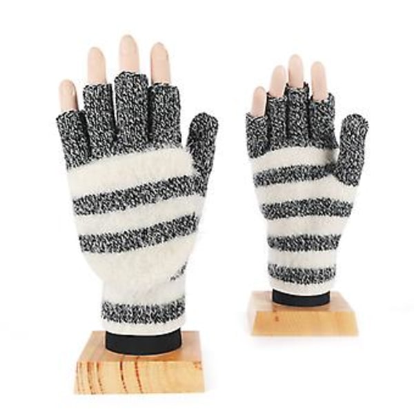 Plush Strikket Handsker Strækbare Handsker med Flip Top Stribede Fingerløse Handsker (Sort)