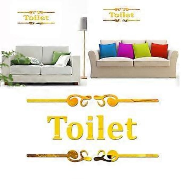 \"Toalett\" Engelsk Skylt Spegel Väggdekor Kreativ Akryl Väggdekal för Hem Toalett Badrum Toalettdekor (Gyllene)