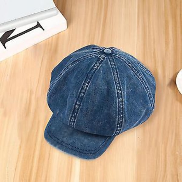 Damkeps i denim med 8 paneler, Newsboy-stil, platt keps, Cabbie Baker Boy, spetsig, körkeps, ljusblå (blå)