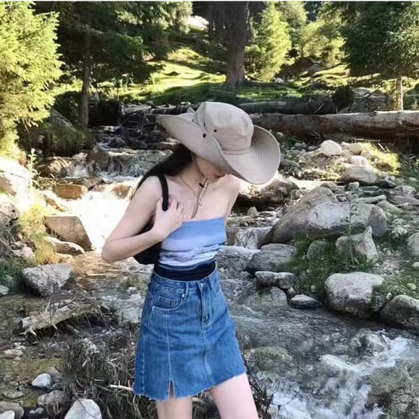 Khaki denim solhat, bred skygge hat, sammenklappelig jungle hat