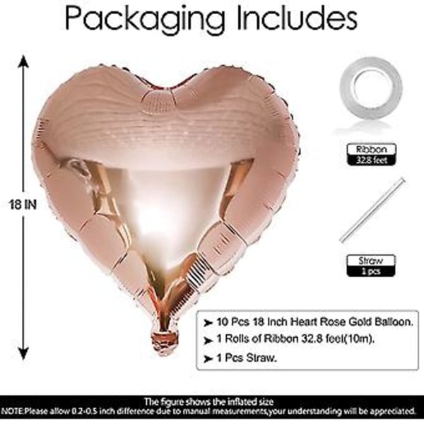 10 st Roséguld Folie Hjärtformade Ballonger 18 tum Hjärtformade Mylar Ballonger för Babyshower Bröllop Alla hjärtans dag Dekorationer Kärleksballonger Festdekorationer
