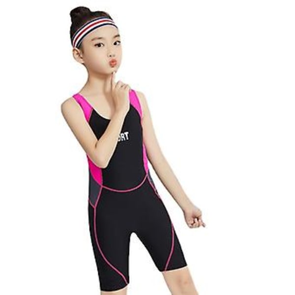 Baddräkt för barn, sport-väst-jumpsuit för stora flickor, nybörjarträning, tävlingsmodell, konservativ, Xxl, Svart + hatt