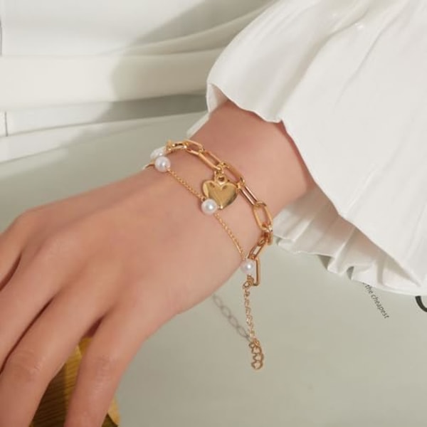 Guld Hjerte Armbånd til Kvinder Lagdelt Papirclips Link Perle Armbånd Dobbelt Hjerte Armbånd Trendy Perle Armbånd Smykker