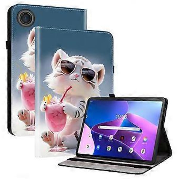 Læderetui med mønstertryk og stativ til Lenovo Tab TB311FU tablet med kortlommer (Tegnet Tiger)