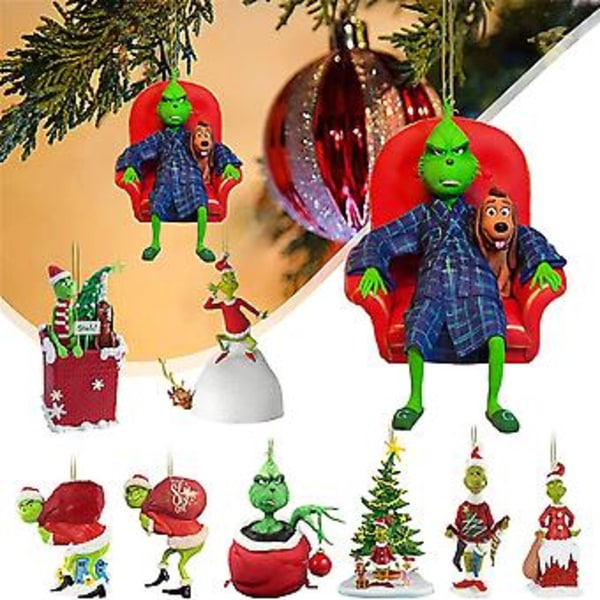 Julepynt med morsom Grinch fra 2023, 2D-pynt til juletreet, grønn monsterakryl-anheng, gaver (A)