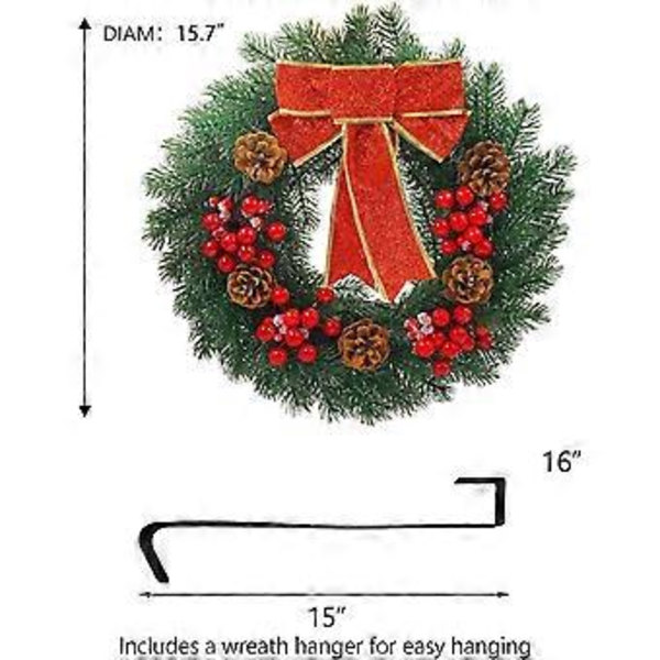 40 LED:n valaistu 40 cm keinotekoinen joulukranssi, mäntykartio-kuusimarja-seppele punaisilla jousiilla, keinotekoiset holly-lehdet, joulukranssi ripustuskoukulla