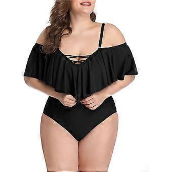 Plus Size Off Shoulder Ettdelt Badedrakt for Kvinner Magekontroll Badeklær(2X-Large Svart)