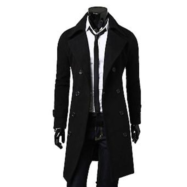Fianao Lang Trenchcoat Dobbeltbrystet Ensfarvet Efterår Vinter Vindtæt Tyk Jakke (3XL Sort)