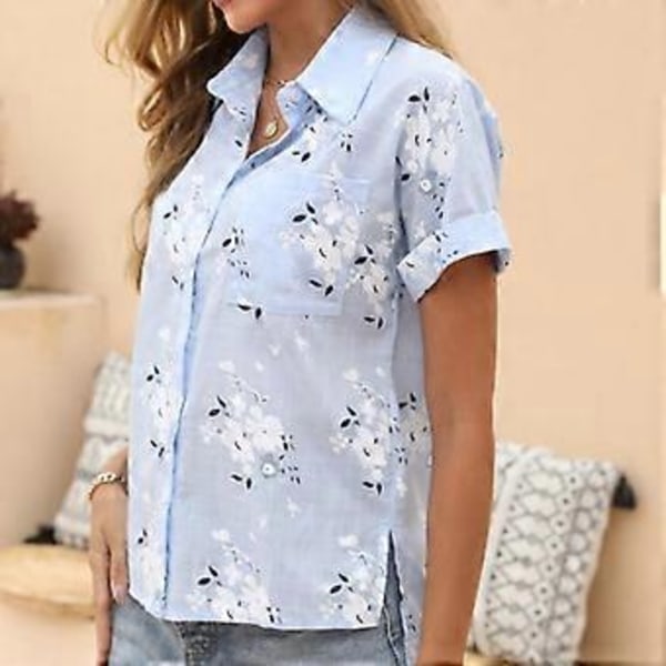 Dame Bomuld Linned Skjorte Turn Down Krave Enkelt Knap Bluse Hvid Gul Blå Toppe Sommer Kortærmet Blomsterprint Skjorter (4XL blå)