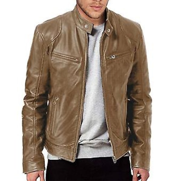 Herrar Casual Läderjacka Framficka med Blixtlås Vintage Ytterkläder för Arbetsresor Resa Outfit (S Khaki)