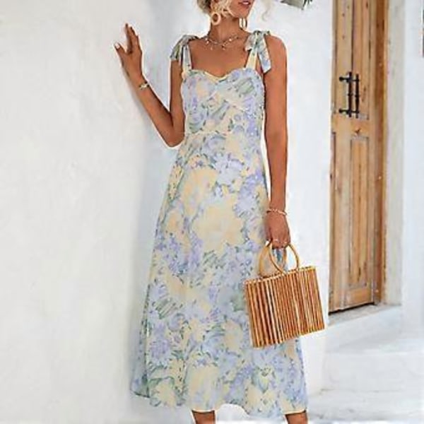 Midi Kjole med Trykt Mønster, Høj Talje, Stropløs, Off Shoulder, Ærmeløs Kjole til Sommer (L Blå)