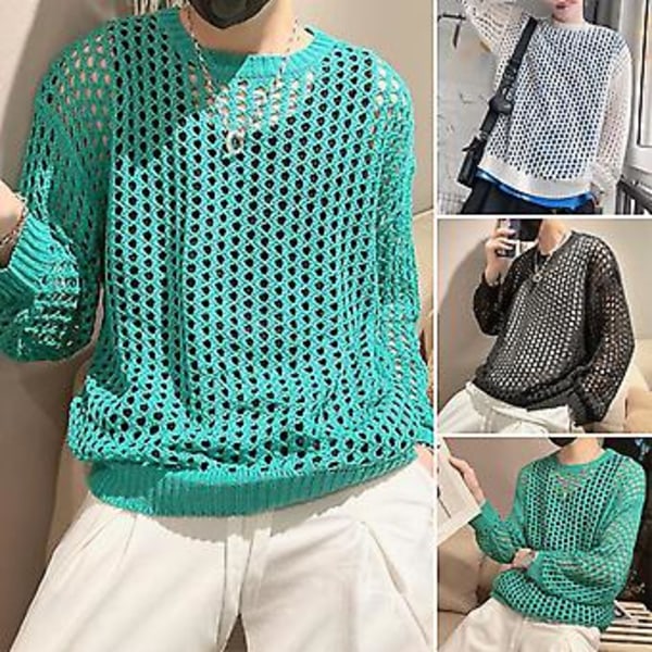 Män Hollow Top Mesh Fishnet Solid Color Rundhals Lös Långärmad Clubwear Hip Hop Genomskinlig Elastisk Tröja Party Top (XL Cyan)