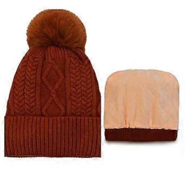 Vinter Beanie til Kvinder, Piger Strikket Hat, Dobbelt Lag Fleece Foring, Pompom Hat med Kunstig Pels Pom Pom