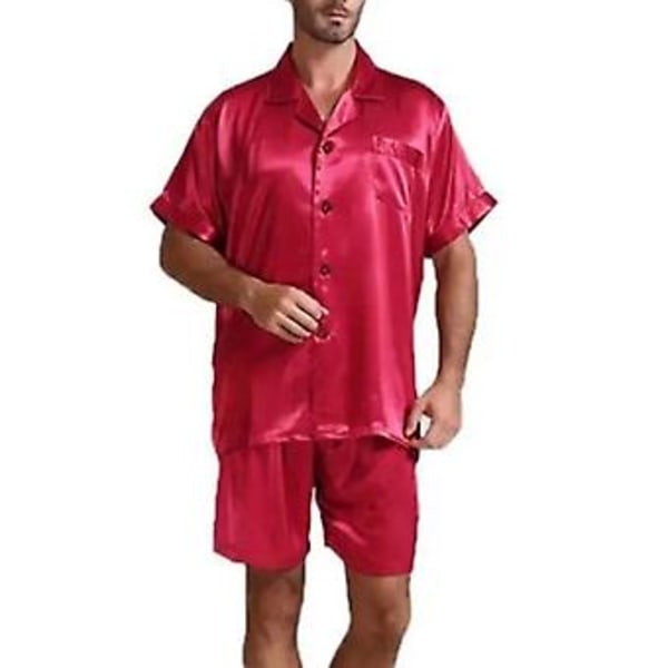 Men Silk Top Shorts Comfy Sleepwear Set-r (2XL Red)