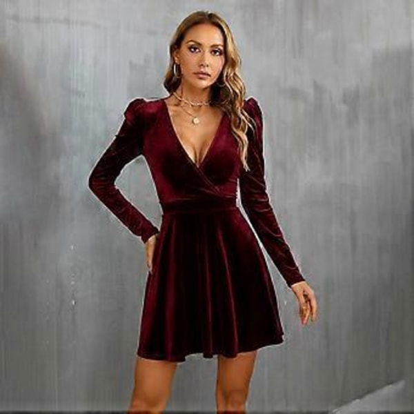 Dame Slå-om V-hals Langærmet Fløjl A-linje Fest Swing Fit and Flare Skater Mini Kjole - claret (style19)