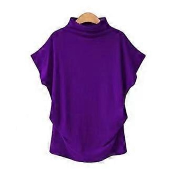 S-5XL Dame Turtleneck T-shirt Sommer Kortærmet Ensfarvet Casual Toppe (XXL lilla)