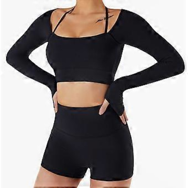 Yogatopp för kvinnor, Fitness, Rundhalsad, Halter, Långärmad, Tumhål, Träningskläder, Sportkläder med bröstkudde (L Svart)