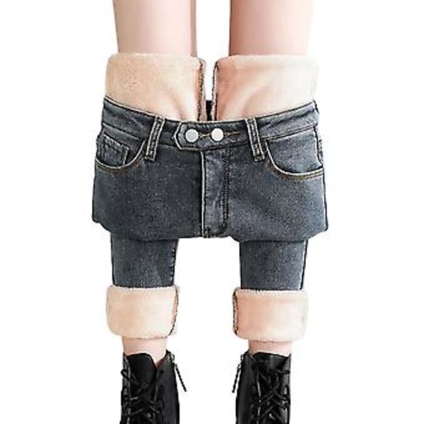 Dame Vinter Varme Bukser Højtaljede Mode Termiske Fleece Jeans Leggings til Afslappet (25 Blågrå Pløs)