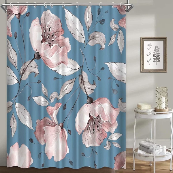 Floral Shower Curtains For Bathroom, Pink Grey Rose Flowers Shower Curtain Set Blue Background Fabric Waterproof Washable