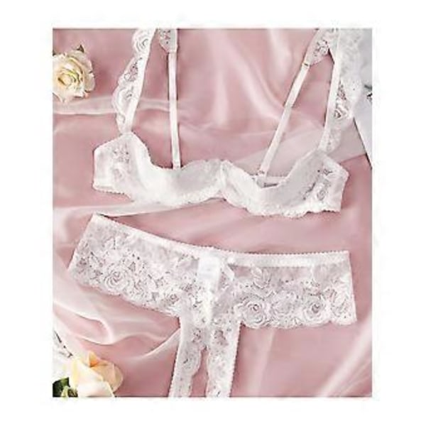 Kvinner Lace Lingerie 2-delt sett Blomsterblonder BH og truse Sett Sexy Lace Lingerie Undertøy Sett (S hvit)