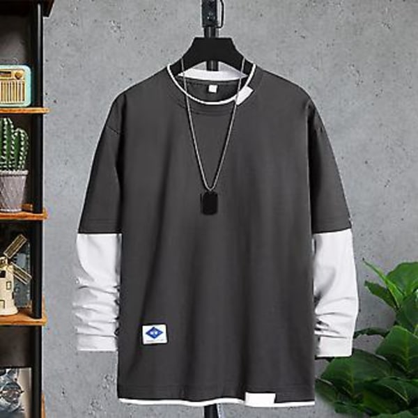 Mænd Forår T-shirt Falsk Todelt Rundhals Langærmet Løstsiddende Trøje Hold Varmt Kontrastfarve Hudvenlig Mænd Top Mænd Tøj (2XL Blå)