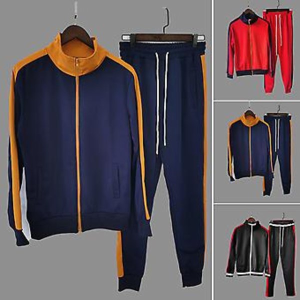 2 osaa/setti: Pysäytyskaulus, pitkähihainen, moni taskullinen, vetoketjullinen, liimattu takki ja housut, miesten syksyinen raidallinen ja laikuttu slim-tracksuit-asu (XL Keltainen)