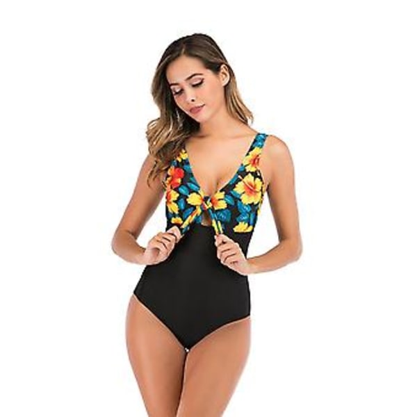 Flickors badkläder endel multifärgad mage täckande bikini badkläder Xl Svarta blommor på gul bakgrund