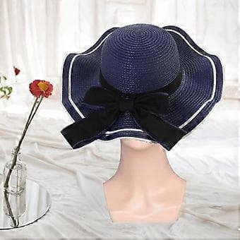 Dame Vævet Strandhat Mode Dame Solhat til Rejser Ferier Camping Fester (Navy Blå)