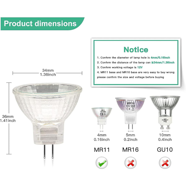 Mr11-halogeenilamput (12 kpl pakkaus), Gu4-halogeenilamppu 12v 20w, Mr11 Gu4 himmennettävä