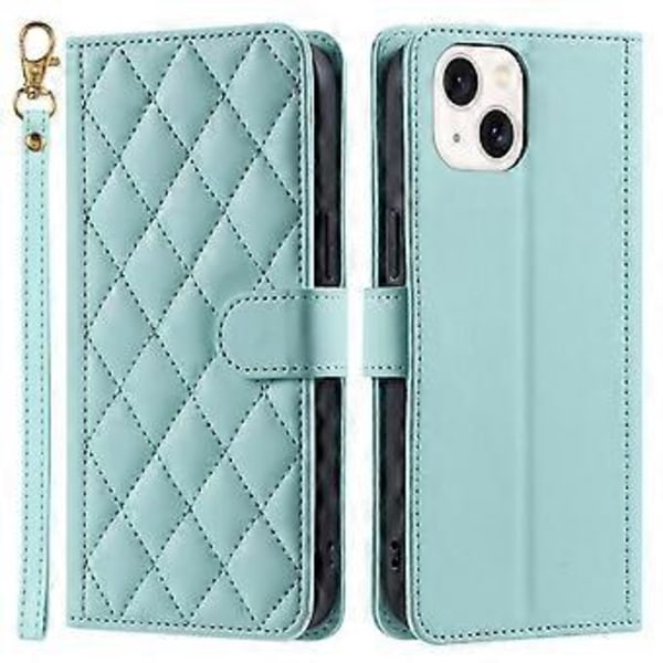 Läderfodral till iPhone 14 Rombmönstrat Plånboksfodral (Mintgrön)