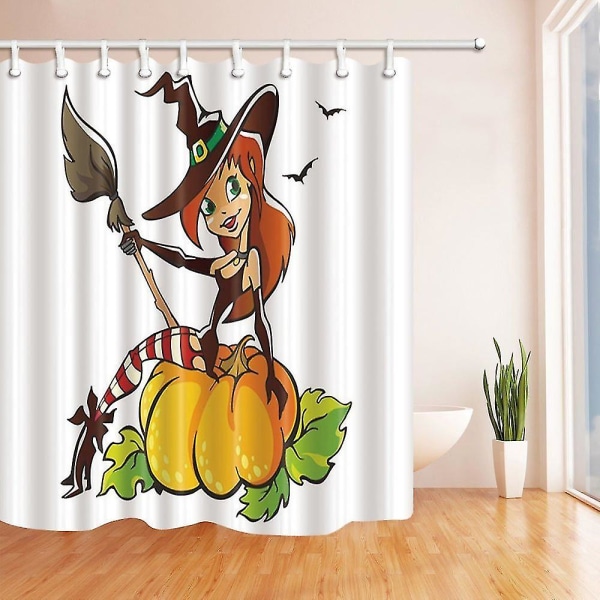Halloween Night Cartoon Witch Sit On Pumpkin 84 Polyester Fabric Bath Curtain, Bathroom Shower Curtain 160x180 Cm