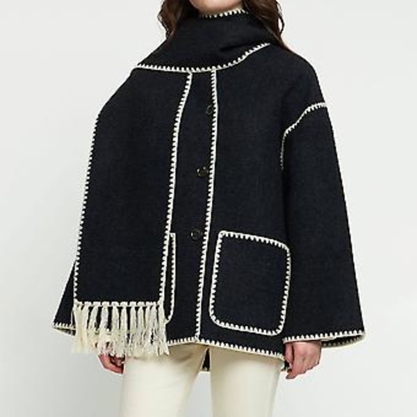 Mode Single-breasted Tassel Scarf Kavaj Fritids Tjock Långärmad Kavaj för Höst Vinter (S Svart eller Vit)